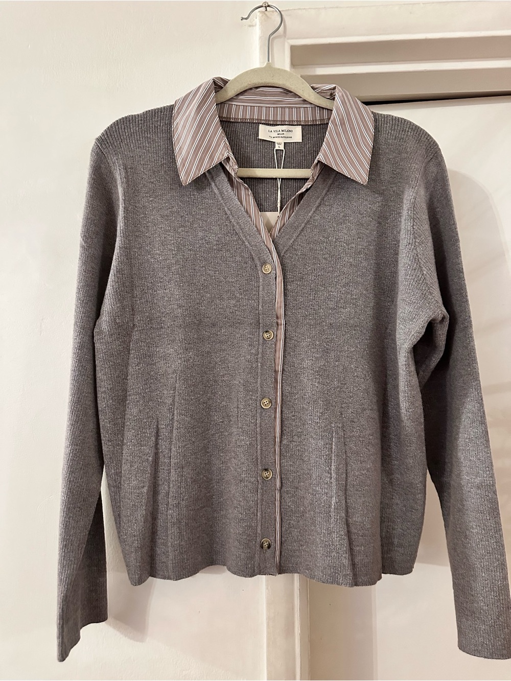 La Vila Milano Gray Knit Button-Front Cardigan with Striped Collar